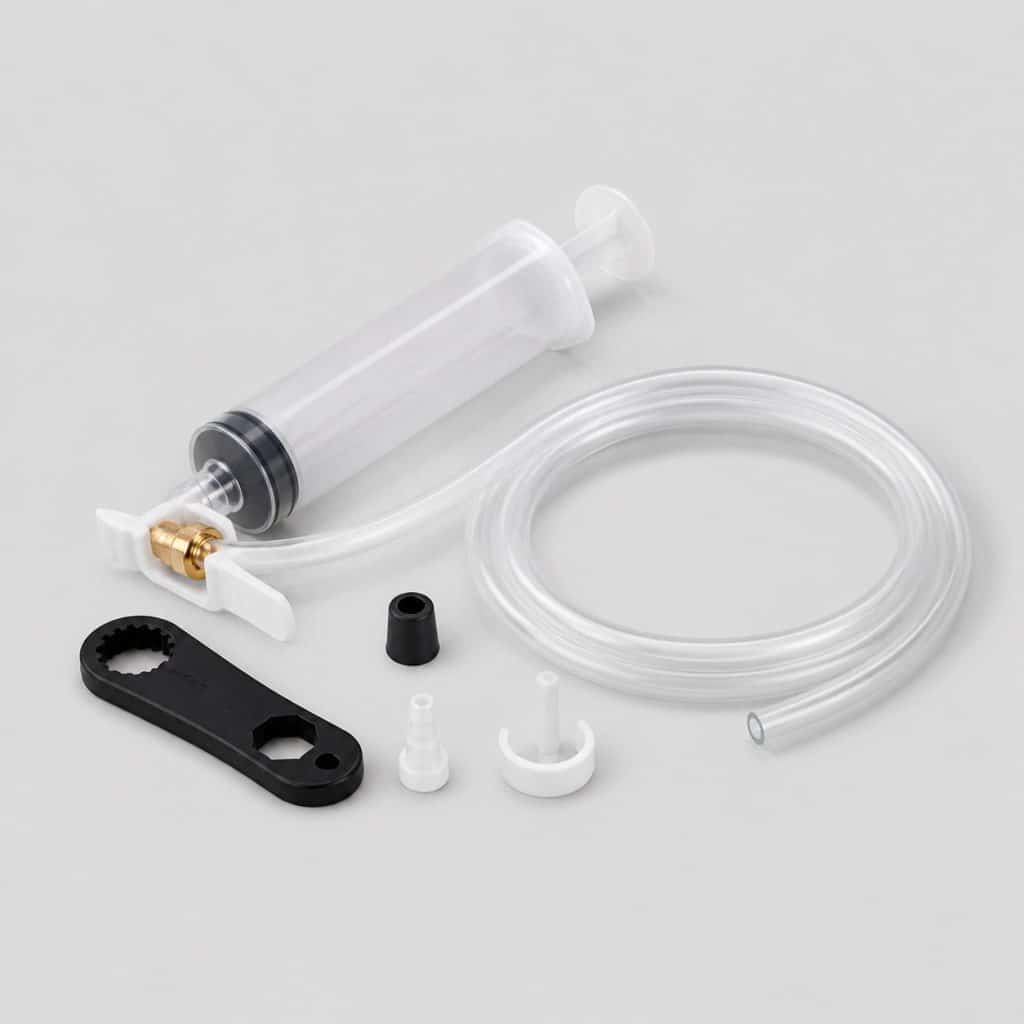 Kit de purge de frein avec seringue et tuyau sur fond clair